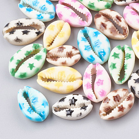 Printed Cowrie Shell Beads, No Hole/Undrilled, Star Pattern
