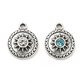 Rack Plating Alloy Rhinestone Pendants, with Jump Rings, Flat Round with Sun Charms,Antique Silver