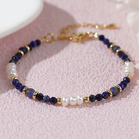 Natural Lapis Lazuli & Plastic Imitation Pearl Bead Beaded Bracelets, Brass Jewelry for Women