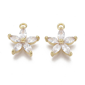 Brass Micro Pave Cubic Zirconia Charms, Nickel Free, Real 18K Gold Plated, Flower
