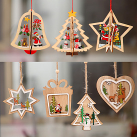Christmas decorations wooden Christmas laser hollow Christmas tree small pendant wooden pentagram bell pendant gift