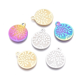 Ion Plating(IP) 304 Stainless Steel Charms, Laser Cut, Flat Round with Tree