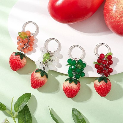 4шт. брелки из смолы, клубника, со стеклом и акрилом, платина