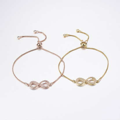 Adjustable Brass Micro Pave Cubic Zirconia Bolo Bracelets, Slider Bracelets, with Brass Box Chains, Infinity
