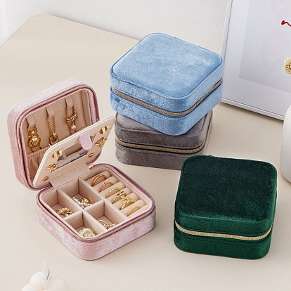 Velvet Jewelry Box, Travel Portable Jewelry Case, Zipper Storage Boxes, for Necklaces, Rings, Earrings and Pendants, Square