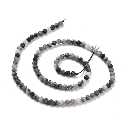 Quartz naturel tourmaliné / perles de quartz rutile noires, facette, ronde