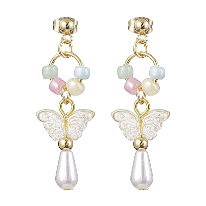 ABS Plastic Imitation Pearl & Glass Seed Earrings, with 304 Stainless Steel Earring Studs, Jewely for Women, Teardrop