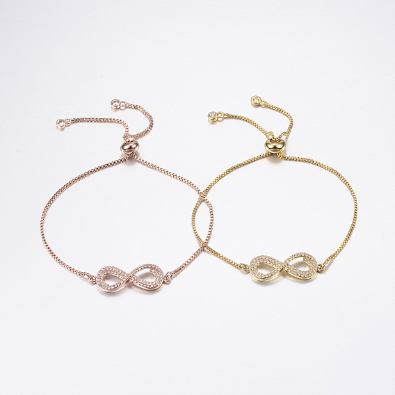 Adjustable Brass Micro Pave Cubic Zirconia Bolo Bracelets, Slider Bracelets, with Brass Box Chains, Infinity