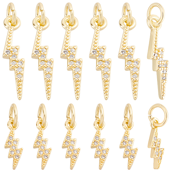 12Pcs 2 Styles Brass Micro Pave Cubic Zirconia Pendants, Lightning Bolt Charms, with Jump Ring