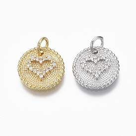 Brass Micro Pave Clear Cubic Zirconia Charms, Flat Round with Heart and Jump Ring, Nickel Free