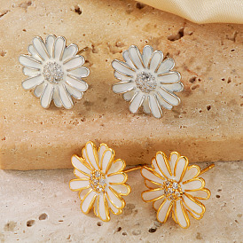 Cute Fashionable Sunflower Brass Clear Cubic Zirconia Stud Earrings for Women, Trendy and Versatile