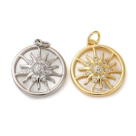 Латунные микропаве прозрачные подвески с фианитом, плоские круглые с солнцем, с ракушкой и прыжковым кольцом, долговечный, без кадмия и без свинца, стойки покрытие