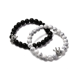 Natural Lava Rock & Howlite Aromatherapy Anxiety Essential Oil Diffuser Bracelets Set for Men Women, Crown Alloy Pendant Stretch Bracelets
