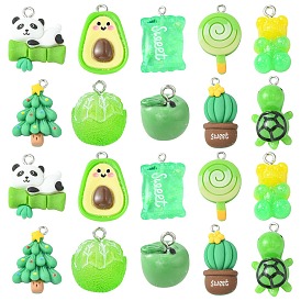 30 шт 10 стили подвески из непрозрачной смолы, прелести зеленой темы, черепаха и панда и конфеты и кактус, разнообразные, с платиновыми тоновыми железными петлями