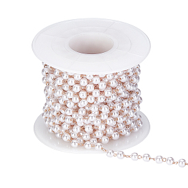 PandaHall Elite Handmade Plastic Imitation Pearl Beaded Chains, Unwelded, with Spool, with Brass Chain