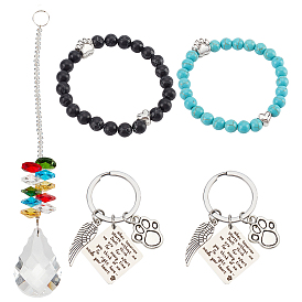 Nbeads 2 bracelets extensibles en perles de turquoise synthétique, 2 pcs verre & 201 ensemble de porte-clés en acier inoxydable, ensemble de bijoux de patte de chien pour femme