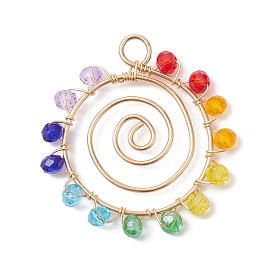 Chakra Baking Paint Glass Pendant, with Eco-Friendly Copper Wire, Vortex, Golden