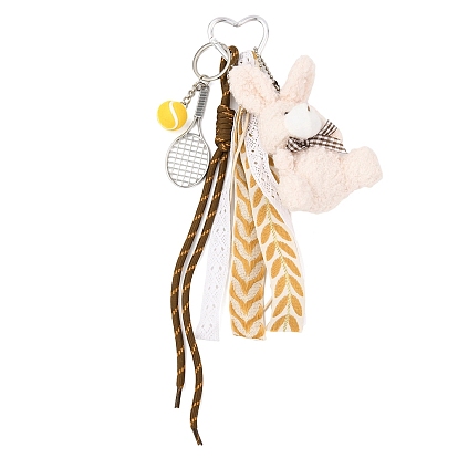 Подвеска в виде теннисной ракетки из полиэфирной веревки и сплава и плюшевого кролика, с алюминиевыми застежками-сердечками для ключей