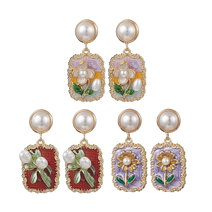 3 пары серег-гвоздиков с подвесками из сплава и эмали, с пластмассовой жемчужиной abs, прямоугольник с цветочным узором, золотые