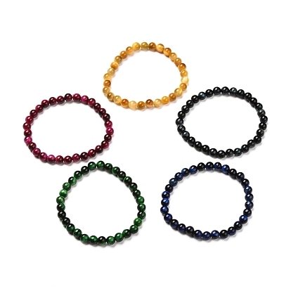 Dyed & Heated Natural Tiger Eye Round Beads Stretch Bracelets