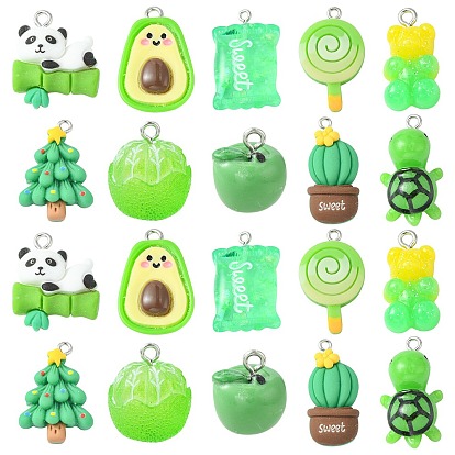 30 шт 10 стили подвески из непрозрачной смолы, прелести зеленой темы, черепаха и панда и конфеты и кактус, разнообразные, с платиновыми тоновыми железными петлями