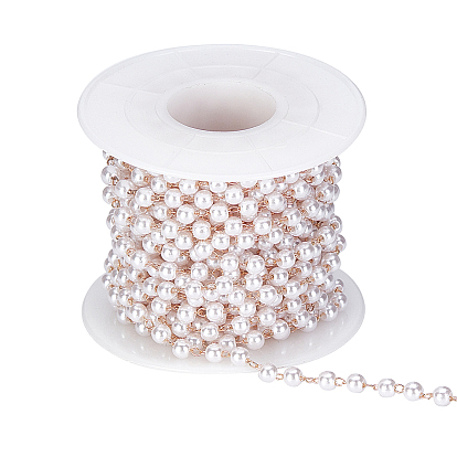 Handmade Plastic Imitation Pearl Beaded Chains, Unwelded, with Spool, with Brass Chain