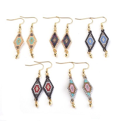 Pendientes de semillas japonesas hechas a mano cuelgan aretes, con fornituras de metal, rombo