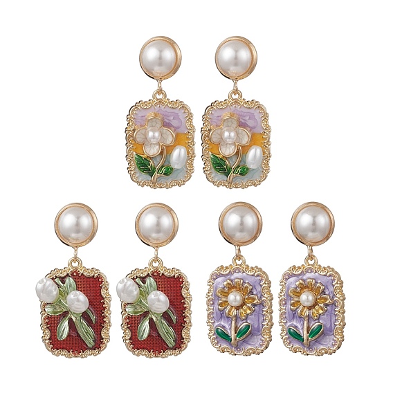 3 пары серег-гвоздиков с подвесками из сплава и эмали, с пластмассовой жемчужиной abs, прямоугольник с цветочным узором, золотые