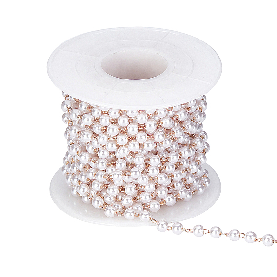 Handmade Plastic Imitation Pearl Beaded Chains, Unwelded, with Spool, with Brass Chain