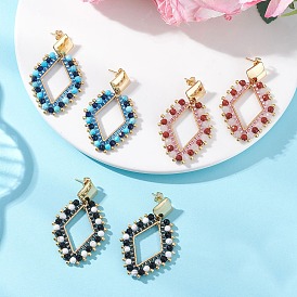 3 пары серег-гвоздиков с подвесками из ромбовидных драгоценных камней и стеклянных бусин, с 304 серьгами из нержавеющей стали, золотые