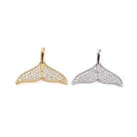 Brass Micro Pave Clear Cubic Zirconia Pendants, Whale Tail Charm