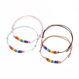 Adjustable Polyester Cord Bracelets, with Glass Seed Beads and Brass Beads, Round