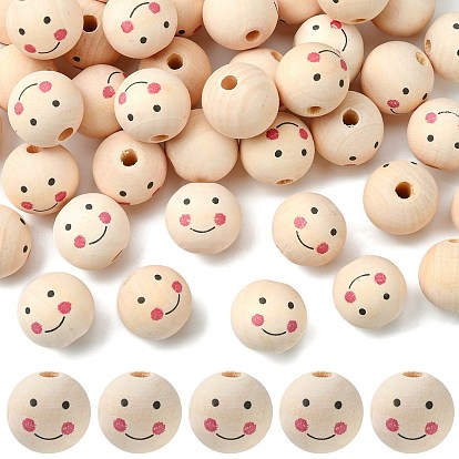 Des perles en bois naturel, Perles avec un grand trou   , ronde avec le visage de sourire