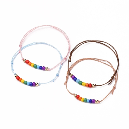 Adjustable Polyester Cord Bracelets, with Glass Seed Beads and Brass Beads, Round