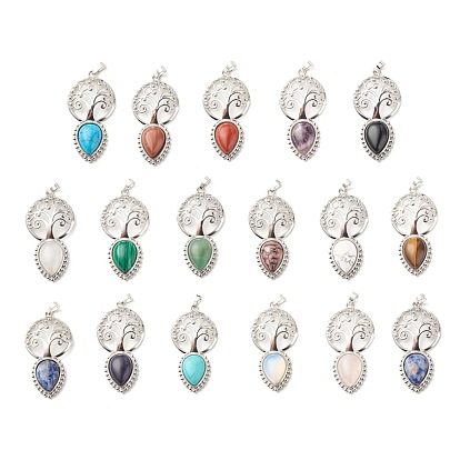 Gemstone Big Pendants, with Platinum Tone Brass Findings, Cadmium Free & Lead Free, Tree with Teardrop