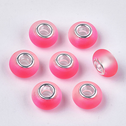 Resin European Beads, Large Hole Beads, with Silver Color Plated Brass Cores, Rubberized Style, Rondelle
