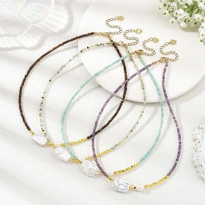 Rectangle Natural Baroque Keshi Pearl and Faceted Round Natural Stone Beaded Necklaces for Women, Golden