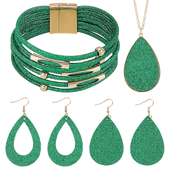 Колье-капелька из искусственной кожи, серьги с подвесками и браслет из нескольких нитей, комплект украшений из золотого сплава для женщин
