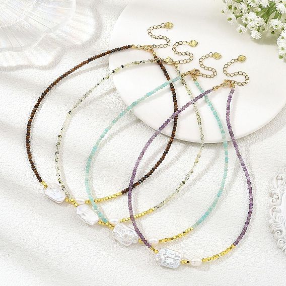 Rectangle Natural Baroque Keshi Pearl and Faceted Round Natural Stone Beaded Necklaces for Women, Golden