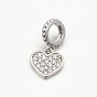 CZ Brass Micro Pave AAA Cubic Zirconia Large Hole European Dangle Charms, Heart, Lead Free & Nickel Free & Cadmium Free, 9x9x1mm, Hole: 4mm