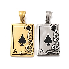 304 Stainless Steel Pendants, with Rhinestone, Playing Card, Ace of Spades Charm
