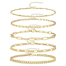 5Pcs 5 Style Brass Chain Bracelet Sets, for Women