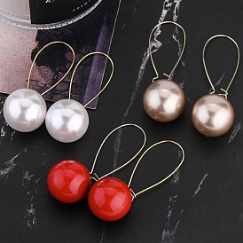 Alloy Hoop Earrings, Ear Wire Mounting, with Plastic Imitation Pearl Beads, Round, Golden