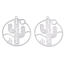 201 Stainless Steel Filigree Pendants, Etched Metal Embellishments, Ring with Cactus
