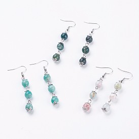 Cuentas de piedras preciosas naturales cuelgan aretes, con la conclusión de hierro, pendientes de aleación de estilo tibetano y ganchos de latón, plata antigua