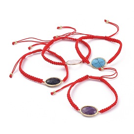 Adjustable Gemstone Link Braided Bead Bracelets, Nylon Cord Square Knot Bracelet, with Brass Findings, Oval