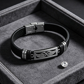304 Stainless Steel & Black Imitation Leather Cord Bracelets for Men, Stainless Steel Color