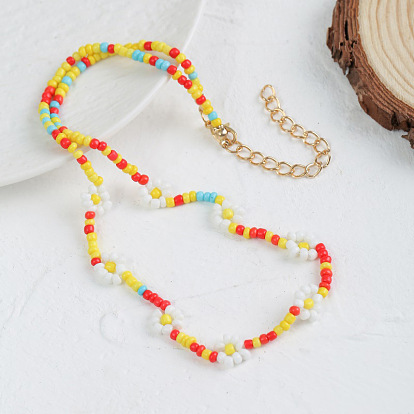 Bohemian Handmade Beaded Flower Necklace - Colorful Beads Pendant Jewelry, Trendy.