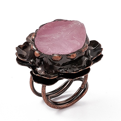 Flower Natural Rose Quartz Cuff Rings, Rack Plating Brass Wide Ring for Women, Cadmium Free & Lead Free, Red Copper