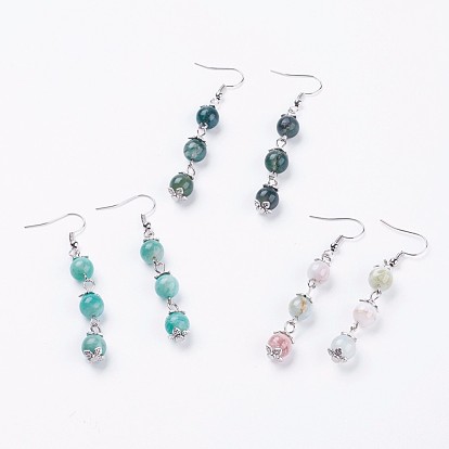 Cuentas de piedras preciosas naturales cuelgan aretes, con la conclusión de hierro, pendientes de aleación de estilo tibetano y ganchos de latón, plata antigua